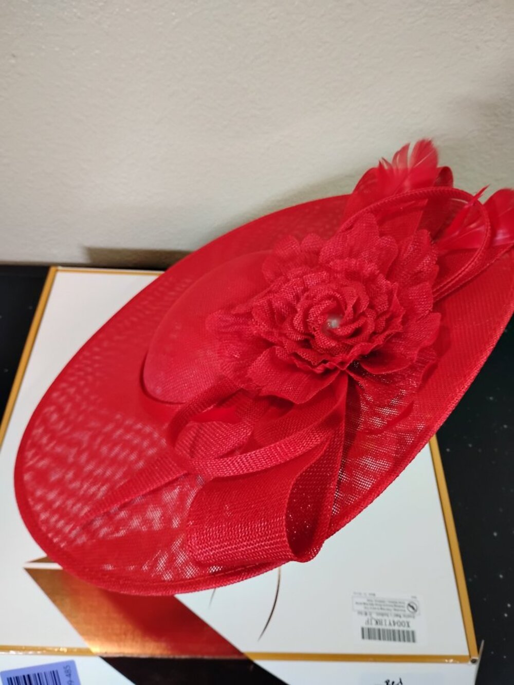 Red Fascinator Hat Kentucky Derby Church Wedding Tea Party Floral Feather - Picture 4 of 6